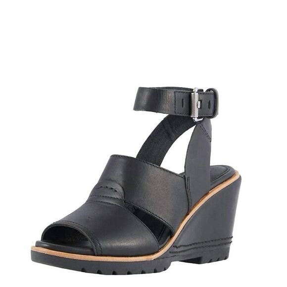 Sorel After Hours Black Ankle Strap Wedge Sandals - Picture 1 of 11